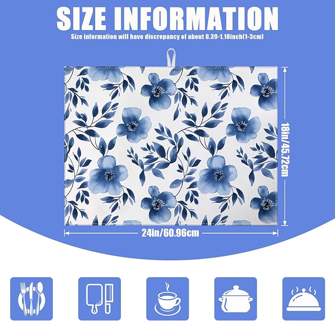Blue Floral Dish Drying Mat for Kitchen Counter Flower Leaves Drying Pad Absorbent Reversible Dish Drainer Rack Mats Draining Pad 18"x24"Inch