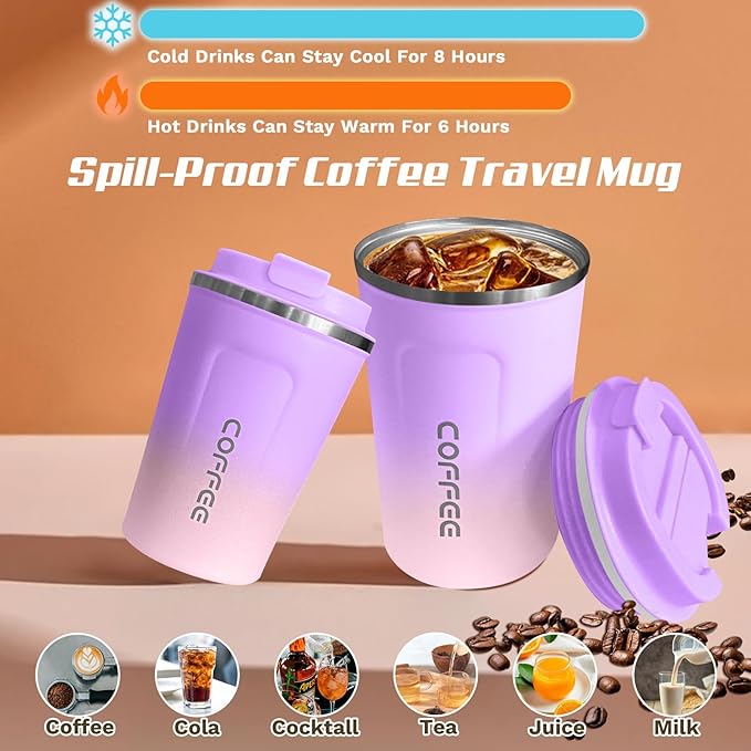 Stainless Steel Vacuum Insulated Travel Mugs - Leak-Proof Reusable Coffee Tumblers with Lids, Thermal Insulation for Hot & Cold Drinks (17oz, Purple Pink)