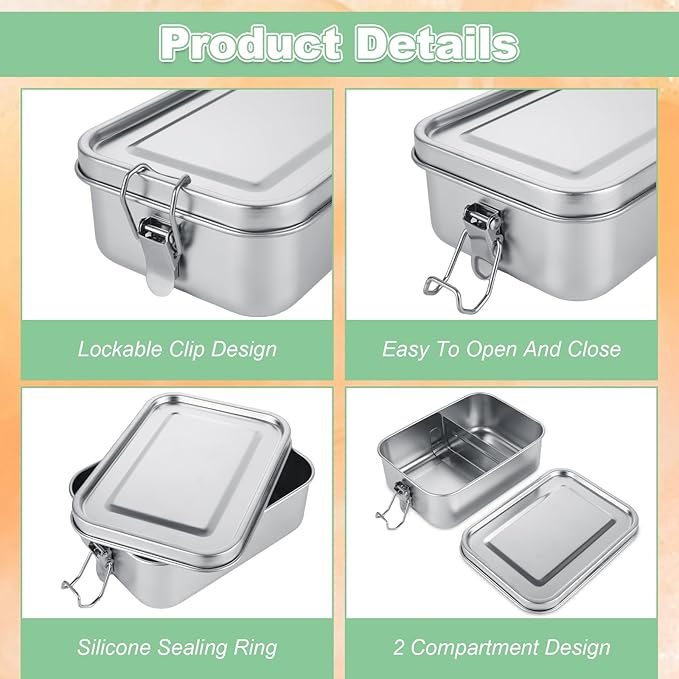 QTLCOHD 4 Pack 850ml Stainless Steel Lunch Box for Adults, 29oz Metal Bento Box with 2 Compartments, Leak-Proof Lunch Container with Lockable Clips, Metal Food Storage for Travel, Work