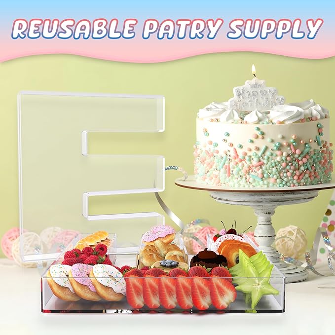 13.8" Extra Large Acrylic Letter Charcuterie Board Box, Reusable Fillable Letter Cake Candy Dish Display Serving Tray for Birthday Anniversary Party Decoration (E)