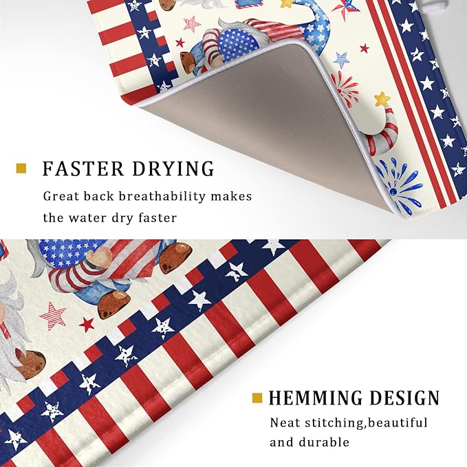 4th of July Drying Mat for Kitchen Counter 18 x 24 in - US Independence Day Patriotic Gnomes Microfiber Large Dish Drainer Mats Protector Pad for Countertop Sinks Dining Table Holiday Decor