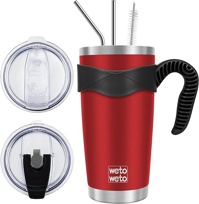 WETOWETO 20oz Tumbler with 2 lids and 2 straws, Stainless Steel Vacuum Insulated Water Coffee Tumbler Cup, Double Wall Powder Coated Leak-proof Travel Mug (Red, 1 Pack)