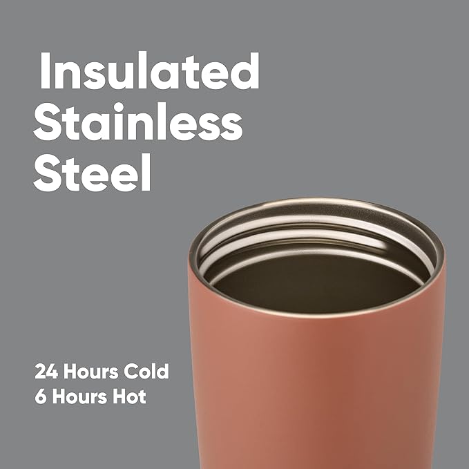 Owala SmoothSip Slider Insulated Stainless Steel Coffee Tumbler, Reusable Iced Coffee Cup, Hot Coffee Travel Mug, BPA Free 20 oz, Grey/Brown (Cozy Cocoa)