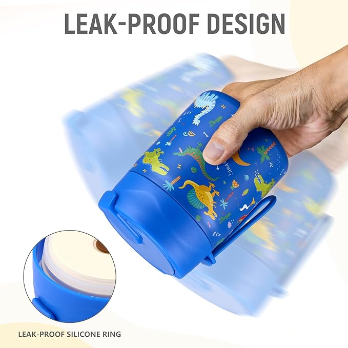 17oz Soup Thermo for Hot Food Kids Insulated Vacuum Food Jar with Stainless Steel Spoon Wide Mouth Thermo Leakproof Lunch Food Container Kids Hot Lunch Box (Blue-Dinasour)