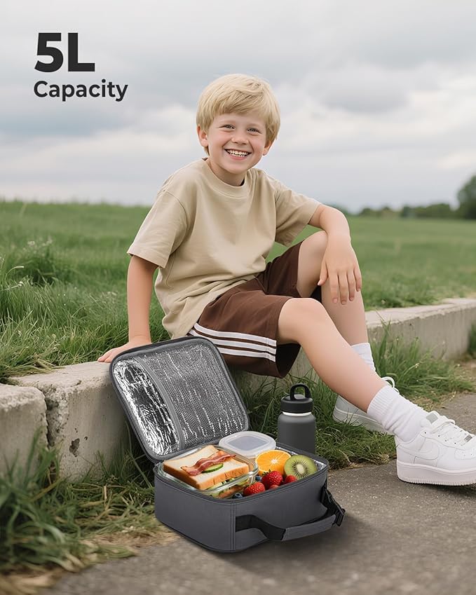 Tuwubi Kids Lunch Bag Insulated Lunch Box for Kids Small Lunch Bag for Boys/Girls Durable Lunchbox for School,Charcoal Grey 10-Can(5L)