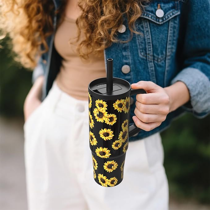TILUCK 30 oz Tumbler with Handle, Vacuum Insulated Stainless Steel Travel Mug with 100% Leak-Proof Silicone Straw Lid, Cupholder Friendly Water Bottle(SunFlower, 30oz)