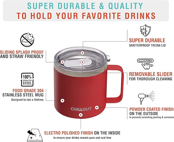 CHILLOUT LIFE Stainless Steel 16 oz Vacuum Insulated Coffee Mug with Handle and Lid, Large Thermal Camping Coffee Mugs with Sliding Lid for Men & Women, Keeps your Beverages Hot/Cold, 2 Pack