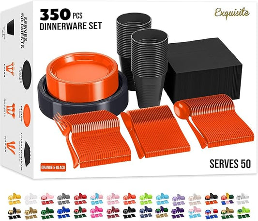350 Pcs Orange & Black Plastic Plates For Party, Orange & Black Disposable Plates Set, 50 Of Each 9" Dinner Plate Set, 7" Dessert Plate, Cups, Napkins & Cutlery Plastic Dinnerware Party Solids