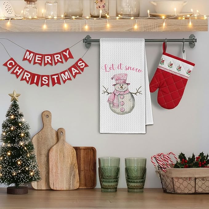 Pink Chinoiserie Christmas Snowman Kitchen Towels, Preppy Winter Dish Towels Drying Cloth for Kitchen, Let It Snow Xmas Holiday Snowman Decorative Hand Towel for Bathroom, 16x24 Inch