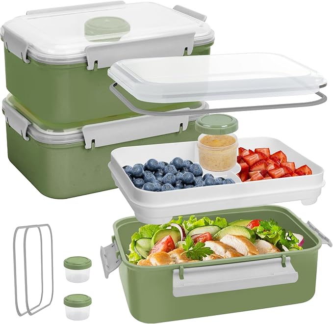 Shopwithgreen Set of 3 Salad Food Storage Container To Go, School & Travel,Food Prep Storage Containers with Lids (Khaki Green&Khaki Green&Khaki Green)