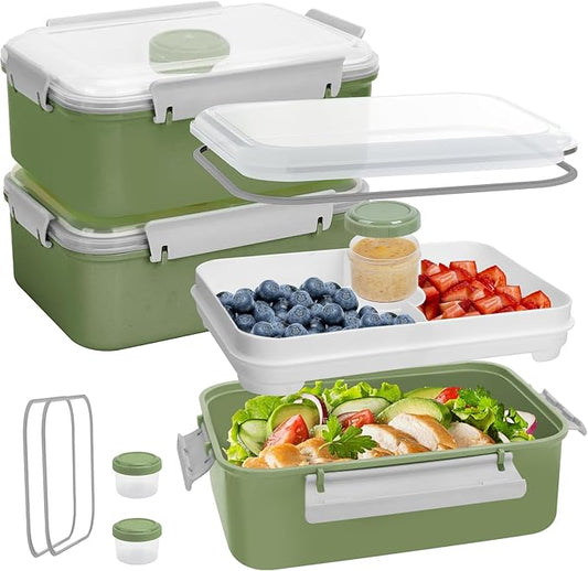 Shopwithgreen Set of 3 Salad Food Storage Container To Go, School & Travel,Food Prep Storage Containers with Lids (Khaki Green&Khaki Green&Khaki Green)
