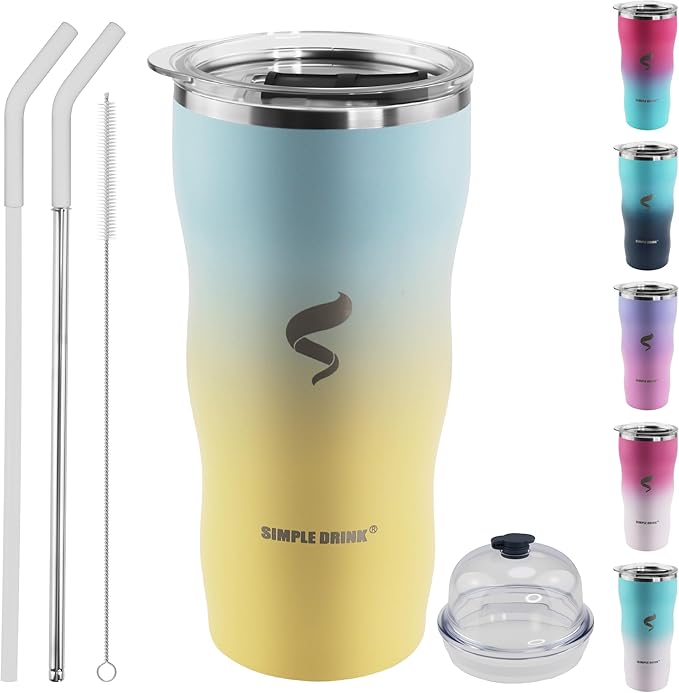 20Oz Insulated Tumbler With Straw And Lid,Spill Proof Tumbler for Iced Coffee And Hot Beverage, Double Wall Vacuum Travel Mug,Stainless Steel Straws for Tumbler, Yellow