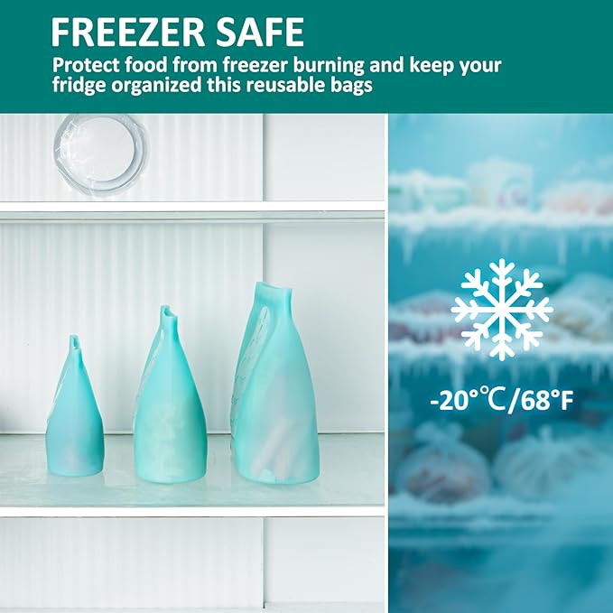 12-Pack Reusable Silicone Food Storage Bags, 100% Silicone Stand-Up Wide-Open Zip-Lock Reusable Storage Bags for Food, Freezer Microwave Oven Dishwasher Safe, Aqua, 4L 4M 4S