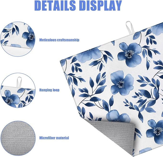 Blue Floral Dish Drying Mat for Kitchen Counter Flower Leaves Drying Pad Absorbent Reversible Dish Drainer Rack Mats Draining Pad 18"x24"Inch