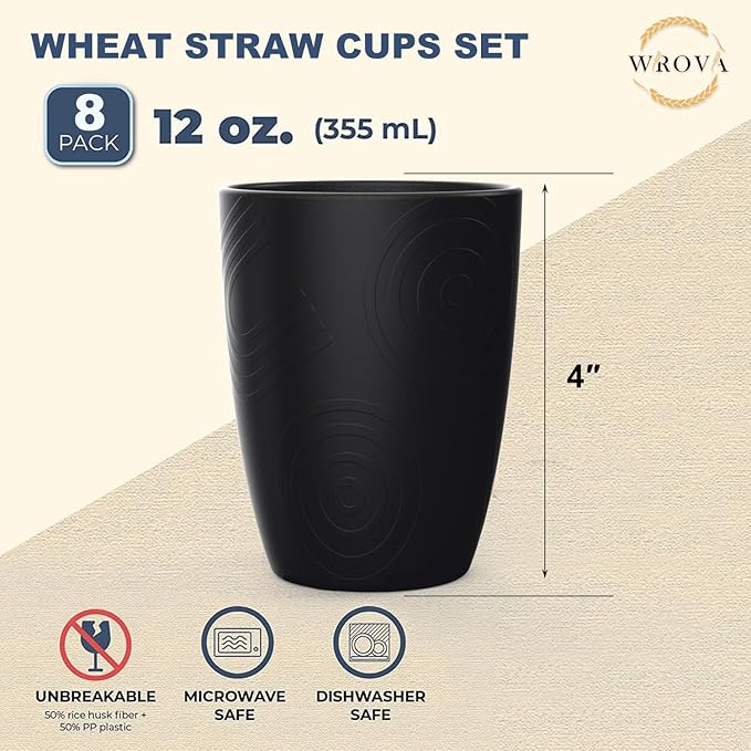 Wheat Straw Cups 8 PCS Good Alternative to Plastic Reusable Cups 12 oz Unbreakable Drinking Cup Reusable Dishwasher Safe Water Plastic Glasses Pure Black