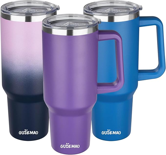 40 oz Insulated Coffee Mug with Ceramic Coating, Stainless Steel Travel Mug Tumbler with Handle Lid and Straw, Double Wall Leak-Proof Coffee Travel Mug Keeps Drink Hot and Cold (Purple)