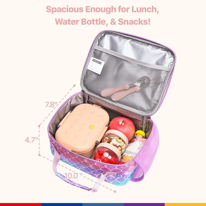 Bagseri Kids Lunch Bag Girls - Kids Lunch Box for Girls Reusable Insulated Lunch Bag with Water Bottle Holder Toddler Lunch Box for Daycare and School, Purple Mermaid Tail (Water Bottle Not Included)