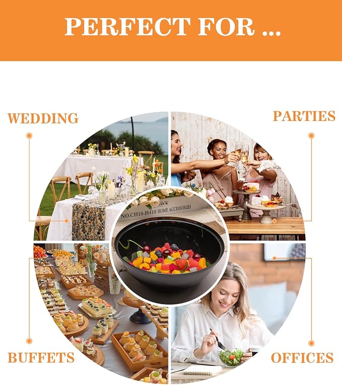 BESTVIP 150oz 4 Pack Black Plastic Serving Bowls for Party, Disposable 11.6" Large Salads Container for Snacks, Chips, Meal Prep, Stackable Candy Dishes for Halloween, Christmas, Holiday, Reusable