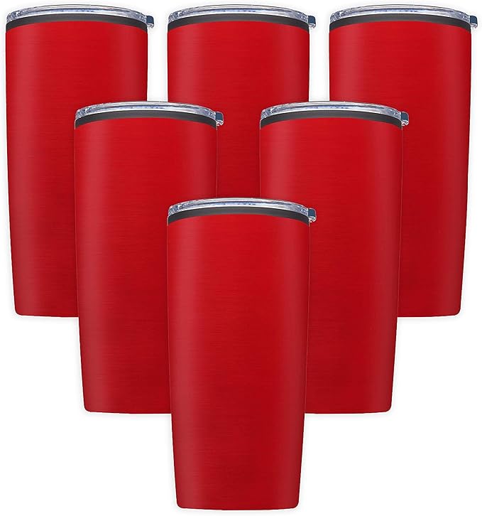 DISCOUNT PROMOS Plastic Tumblers 20 oz. Set of 6, Bulk Pack - With lids, Ice Coffee Tumbler, To Go Cup, Insulated - Red