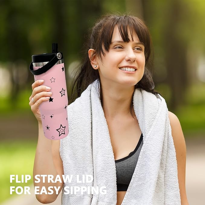 30 oz Tumbler with Handle and Straw, Vacuum Insulated Tumblers with Flip Straw and Top Handle, Leakproof Tumbler, Stainless Steel Travel Mug for Coffee Water, Cold for 20 Hours(Pink Star)