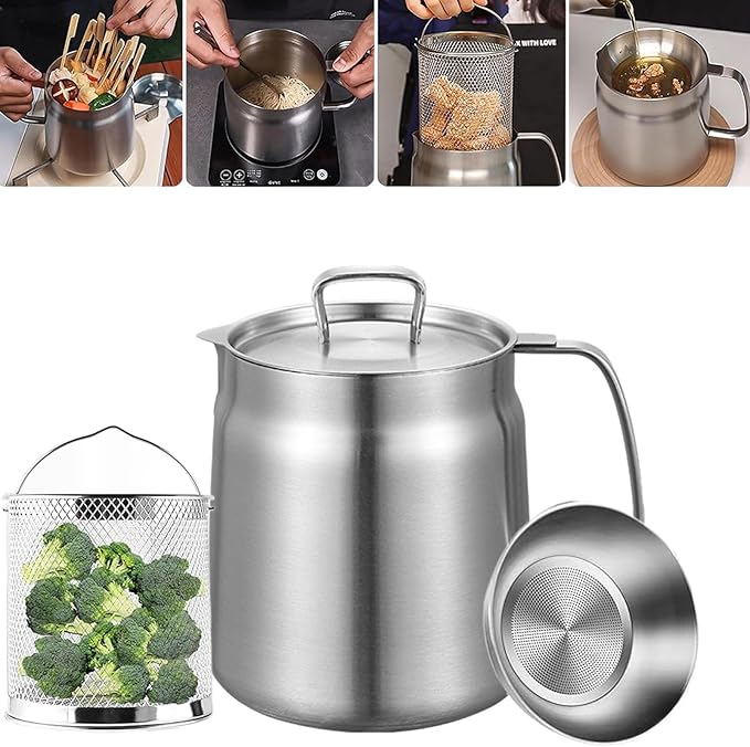 68oz/2L 304 Stainless Steel 3-in-1 Multifunctional Oil Strainer Pot, Deep Frying Basket, Grease Container for Kitchen