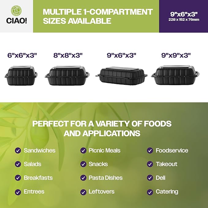 CIAO! 9"x6"x3" MFPP Black Hinged Container With Lid 1 Compartment (Case of 200)
