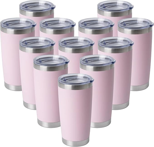 HASLE OUTFITTERS 20oz Stainless Steel Tumblers Bulk, Insulated Travel Cup with Lid, Double Wall Vacuum Coffee Mug for Cold & Hot Drinks 12 Pack, Light Pink