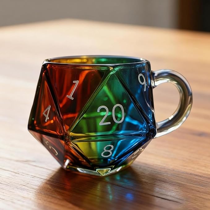 Rainbow D20 Dice Mug with Handle, Polyhedral Dice-Shaped Glass Coffee Cup for RPG Enthusiasts, Transparent Gaming Mug for Fantasy Lovers, Perfect Game Night Gift