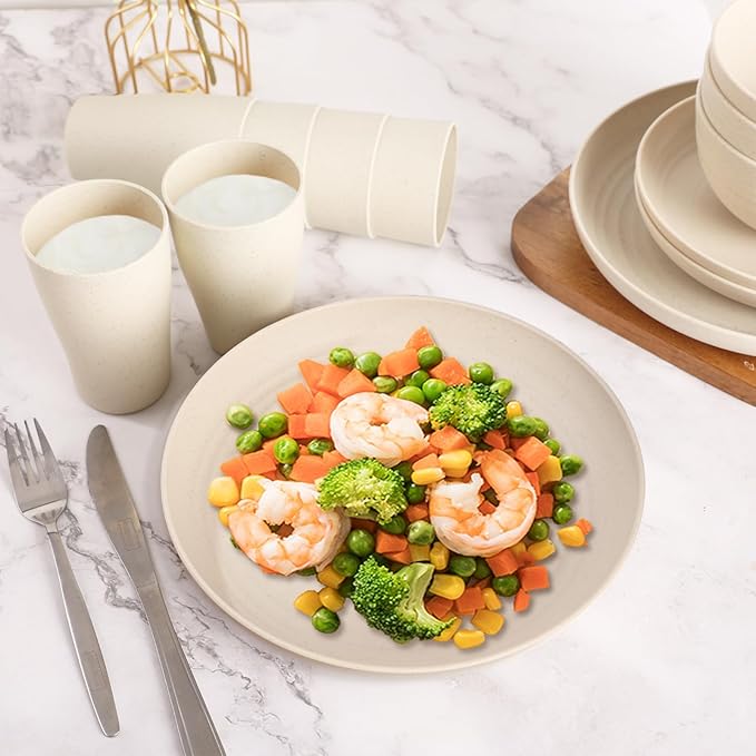 Cream Plastic Plates and Bowls Sets Dishwasher and Microwave Safe Wheat Straw Dinnerware Sets for 8,Reusable Plastic Dishes Set Lightweight Unbreakable for Kitchen Camping Outdoor RV 32 Pcs