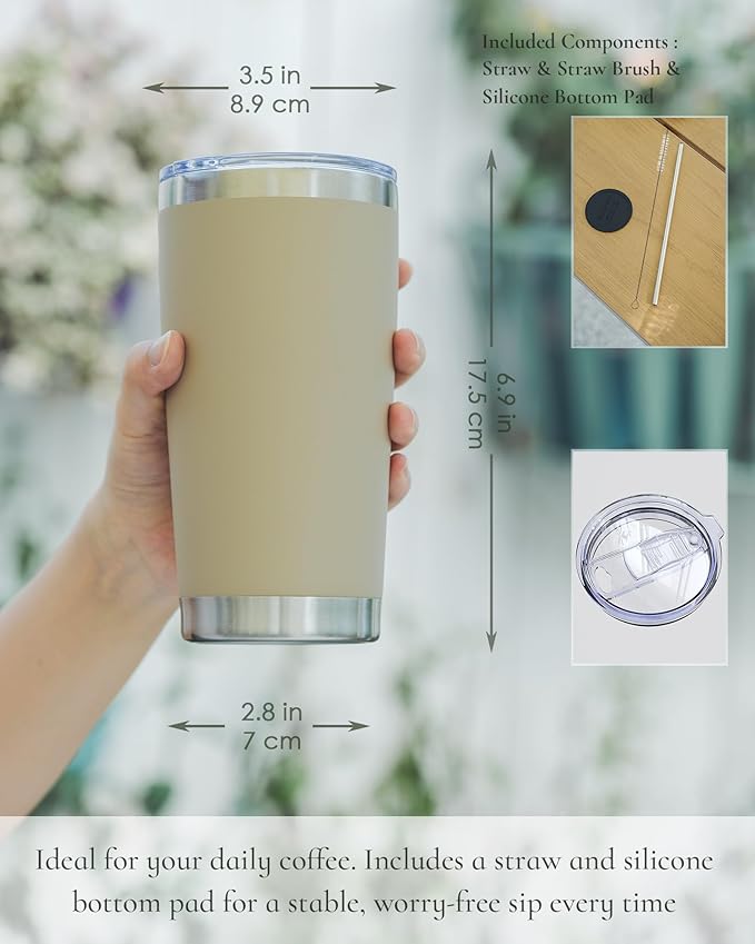 Travel Coffee Tumbler 20oz, 4 Pack Leakproof Travel Coffee Mug with Lid and Straw, Stainless Steel Double Wall Vacuum Insulated Tumbler for Hot/Iced Drinks (Textured Matte, Brown)