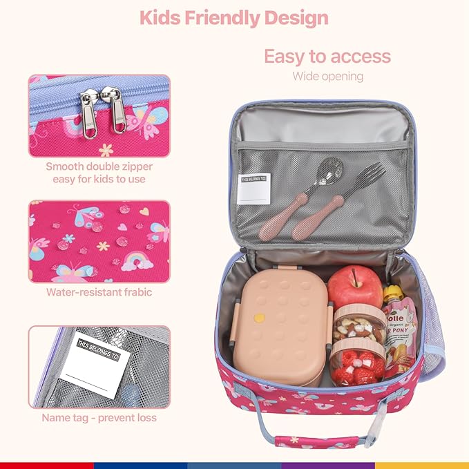Bagseri Kids Lunch Bag for Girls - Insulated Kids Lunch Box for Daycare and School Reusable Meal Tote Bag with Water Bottle Holder, Easy-Clean Water-Resistant Fabric, Rose Pink Butterfly