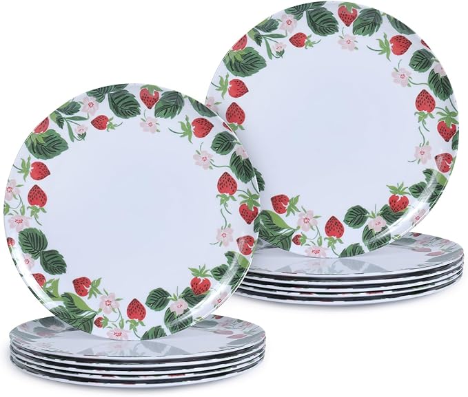 12-Piece Melamine Dinner Plates - 10 Inch Lightweight, Durable & Unbreakable Round Plates for Indoor/Outdoor Use - Strawberry