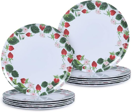 12-Piece Melamine Dinner Plates - 10 Inch Lightweight, Durable & Unbreakable Round Plates for Indoor/Outdoor Use - Strawberry