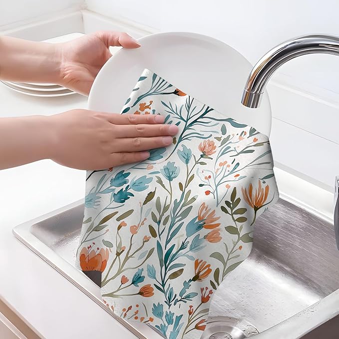 Blue Orange Flowers Kitchen Towels Decorative Set of 2, Watercolor Floral Hand Towels for Kitchen Baking Cooking, Soft Absorbent Vintage Floral Dish Clothes for Drying Dishes Holiday Decoration