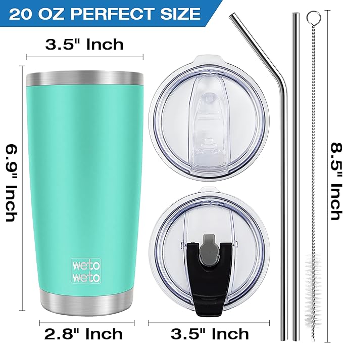 WETOWETO 20oz Tumbler with 2 lids and 2 straws, Stainless Steel Vacuum Insulated Coffee Tumbler Cup, Double Wall Powder Coated Travel Mug (Cyan, 1 Pack)