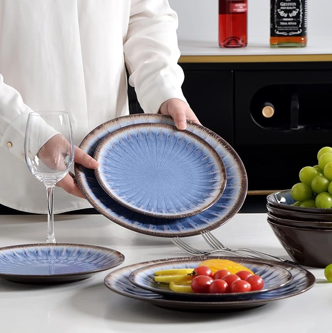 Melamine Dinnerware Sets 12 Pcs, Plates and Bowls Sets, Melamine Plates, Outdoor Dishes Sets, Unbreakable Dinnerware, Serving Dishes for Entertaining, Dishwasher Safe, BPA Free (Classic Blue)