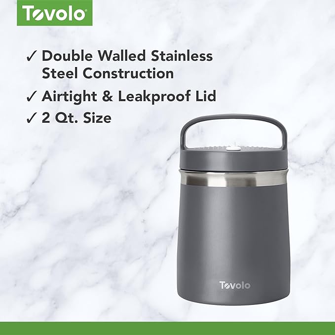 Tovolo 2 Quart Stainless Steel Traveler, Double-Wall Vacuum-Insulated Food Container, 2 Qt. Food Storage & Ice Cream Container, Easy-Carry Handle, Travel Mug for Hot Food & Cold Ice Cream, Charcoal