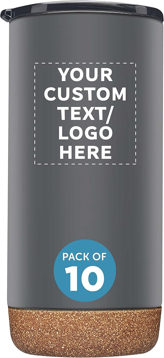Custom Travel Tumblers with Cork Bottom 16 oz. Set of 10, Personalized Bulk Pack - Double Wall Insulated, Matte Finish, Perfect for Iced Coffee, Soda, Other Beverages - Grey