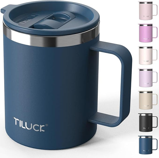 TILUCK 12 oz Insulated Coffee Mug with Lid, Leak-Proof Stainless Steel Travel Mug Cup with Handle for Hot or Cold Drinks(DarkBlue, 12oz)