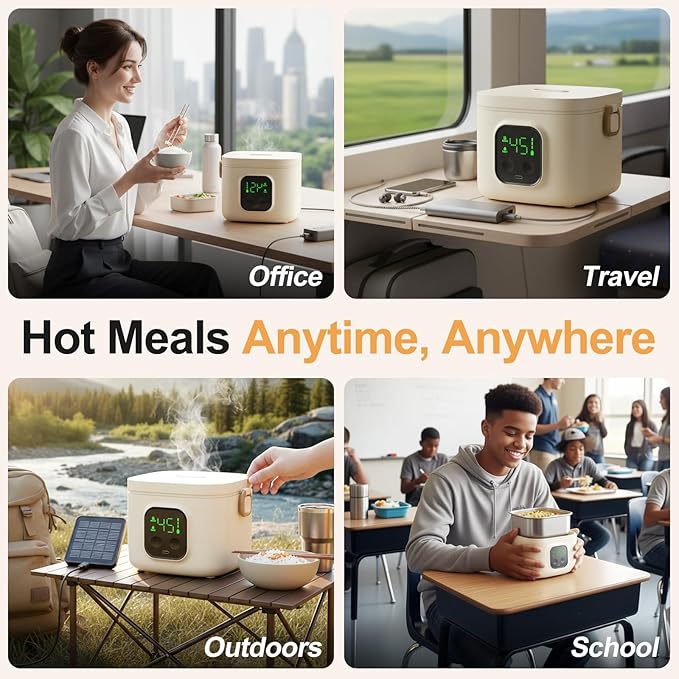 Wireless Portable Adult Electric Lunch Warmer Powered By 14000mAh Battery Self-Heating Food Warmer Type-C Rechargeable Port 0.8L Portable Self-Heating Food Warmer Ideal for Office Camping Outdoor