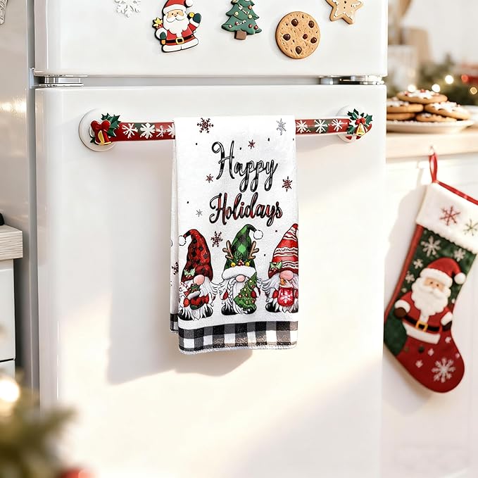 Christmas Dish Towels Set of 2-18"x26" Holiday Kitchen Towels with White & Black Checkered Design, Quick-Drying Xmas Themed Hand Towels