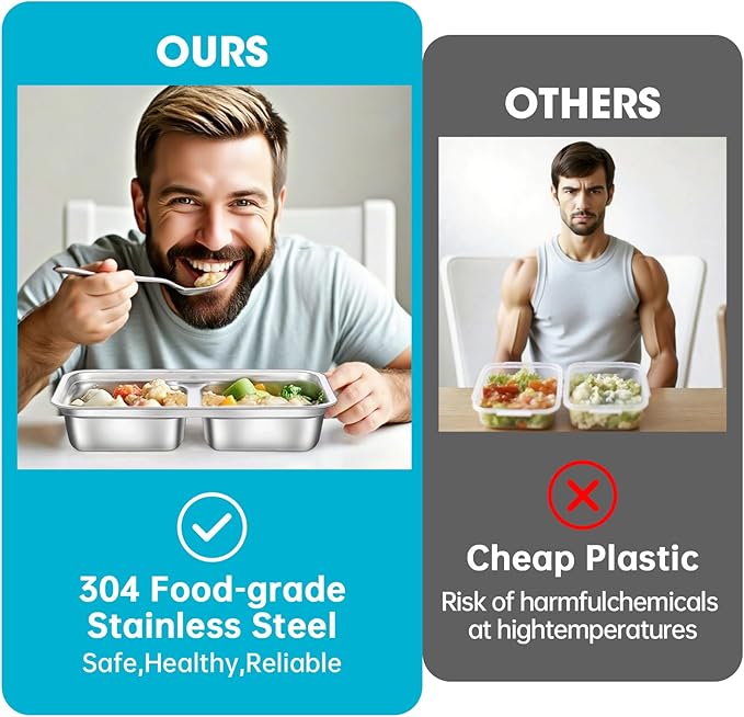 4 Pack Stainless Steel Snack Containers Reusable, Grab and Go 2 Compartment Food Storage Containers with Leakproof Lids for Travel and Outdoor Camping School Lunch Prep Dishwasher Safe 7.9" Size