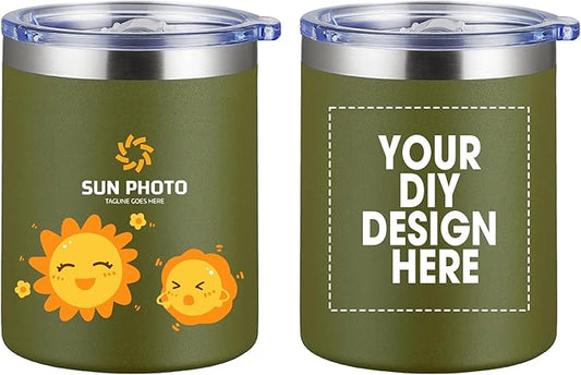 Personalized Custom Tumbler Print in USA 12oz Stainless Steel Travel Coffee Cup with Lid & Straw Double Wall Insulated Mug With Colorful Text Logo Photo