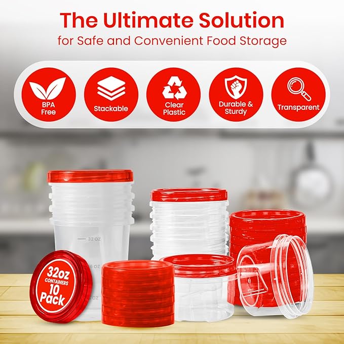 RFAQK 16 PCS Freezer Storage Containers-[16 * 32 & 16 oz] Plastic Food Storage Containers with Twist Top Lids-Leakproof Jars-Deli Container Stackable Meal Prep Reusable Box for Lunch,Soup,Oats,Gym