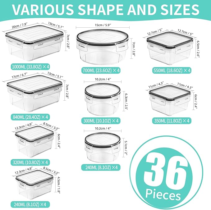 Skroam 72 piece Food Storage Containers Set with Airtight Lids (36 Containers & 36 Lids), Plastic Leak-Proof Kitchen Storage Containers for Pantry Organizers and storage - Meal Prep, Lunch Containers