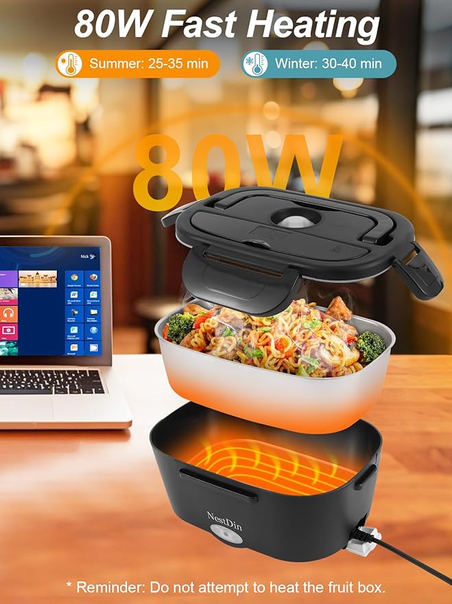 80W Electric Lunch Box for Adults, Portable Heated Lunch Box for Men, 1.5L Food Warmer Lunchbox for Car/Truck/Office, 12V/24V/110V Leak-Proof, Dishwasher-Safe with Insulated Bag(Matte Black)
