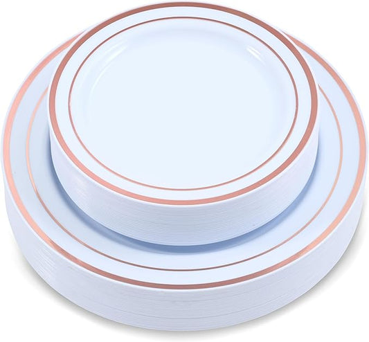 60 Pieces White Plastic Disposable Plates - Premium Heavy-Duty 30 Dinner Plates & 30 Salad Plates with Rose Gold Rim Ideal for Party, Birthday and Special Events
