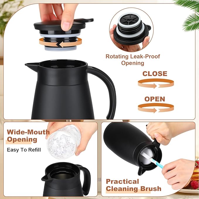 Uiifan 2 Pcs Thermal Coffee Carafe Insulated Stainless Steel Coffee Carafes for Keeping Hot and Cold Double Walled Vacuum Thermal Pot Flask with Brush for Water Milk Tea Home and Office(Black,51oz)