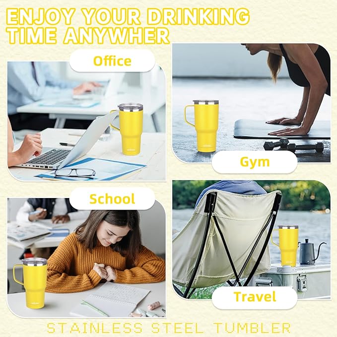 20 oz Insulated Coffee Mug with Ceramic Coating, Stainless Steel Travel Mug Tumbler with Handle Lid and Straw, Double Wall Leak-Proof Coffee Travel Mug Keeps Drink Hot and Cold (Orange)