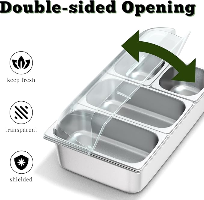 Stainless Steel Countertop Food Serving Display Container with Clear Roll Top Cover - Ice Food Serving Tray for Buffet, Restaurant, Kitchen, or Party(6 Pans 2 Sizes)